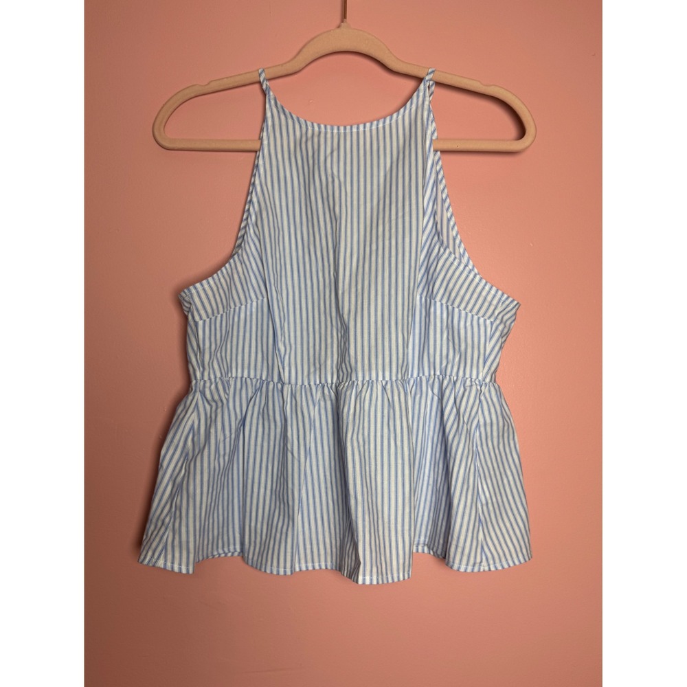 Wild Fable Blue White Striped Halter Peplum Top Open Back Tie Blouse NWT